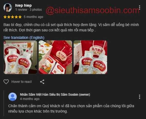 Đánh giá từ khách hàng khi sử dụng sản phẩm tại Siêu thị Sâm Soobin 1